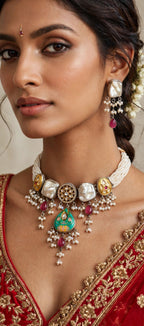Pearl Rope Choker Necklace Set with Green Meenakari Pendant & Pearl Drops