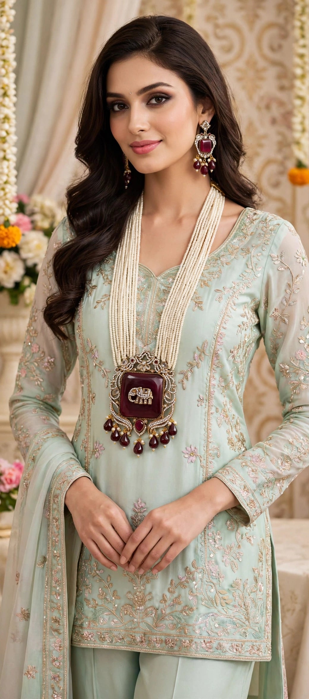 Maroon Elephant Pendant Pearl Rani Haar Set with Earrings