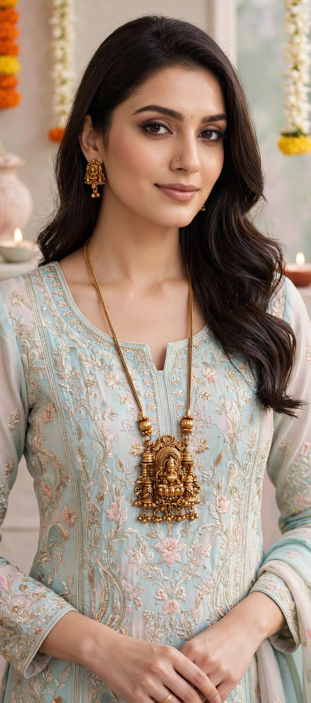 Lakshmi Temple Gopuram Pendant Set with Rope Chain