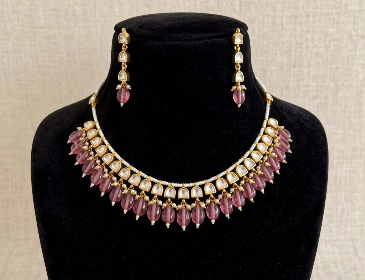 Pink Bead Drop Kundan-Style Choker Necklace Set with Earrings