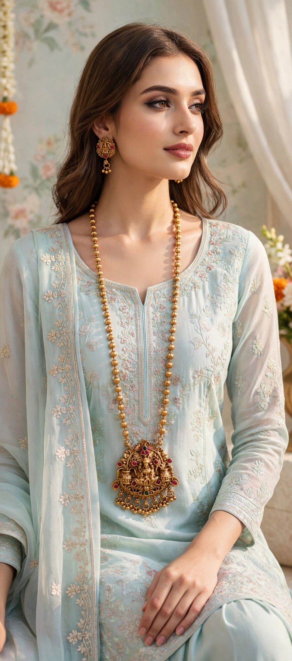 Lakshmi Temple Long Haram with Melon Bead Chain