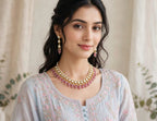 Pink Bead Drop Kundan-Style Choker Necklace Set with Earrings