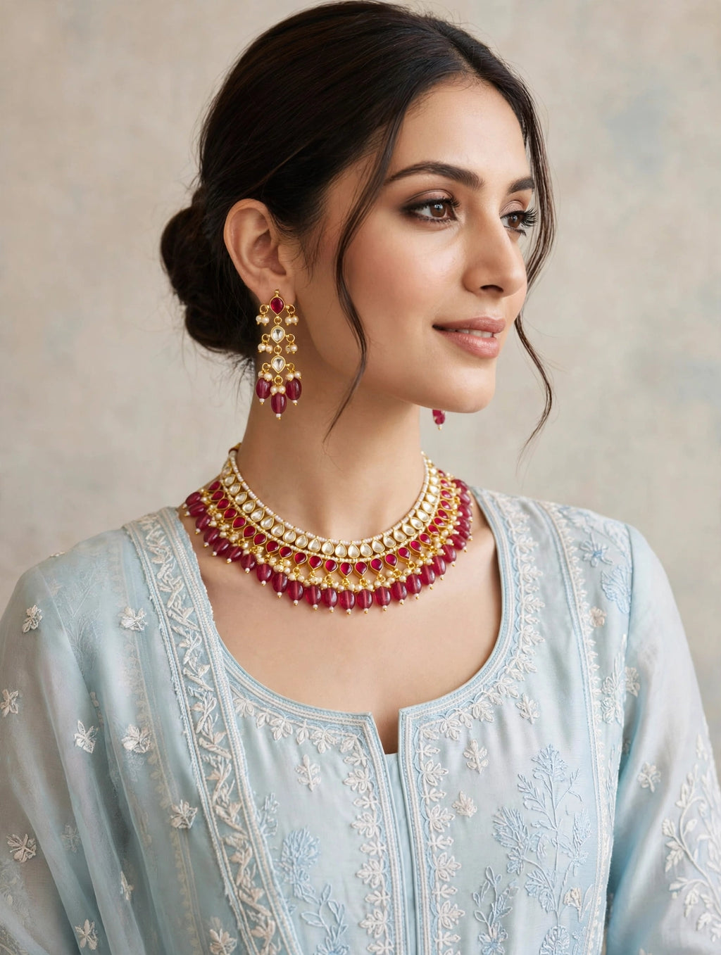 Ruby Pink Kundan-Style Choker Necklace Set with Pearl Drops & Earrings
