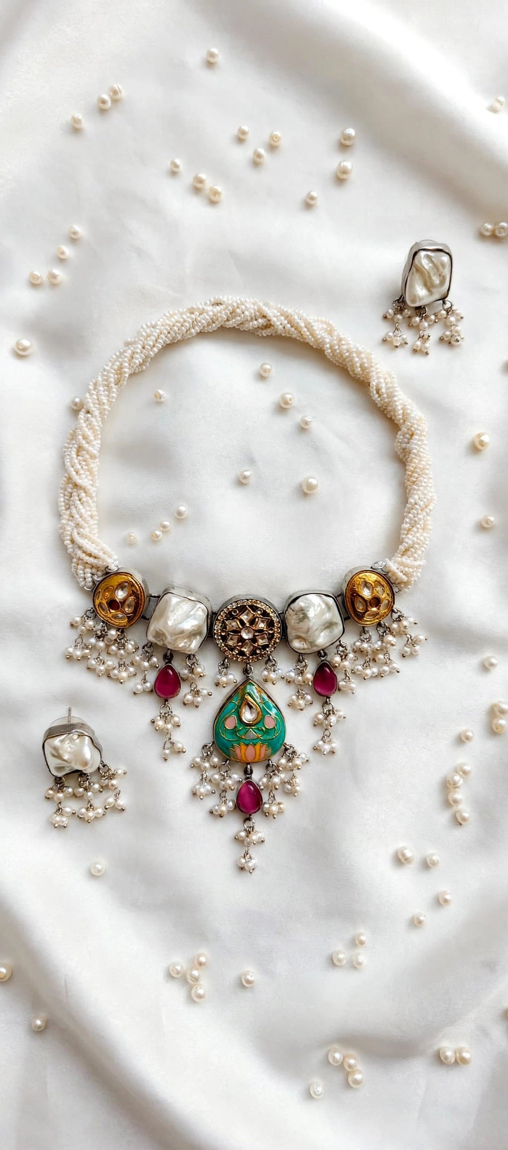Pearl Rope Choker Necklace Set with Green Meenakari Pendant & Pearl Drops