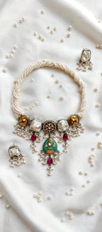 Pearl Rope Choker Necklace Set with Green Meenakari Pendant & Pearl Drops