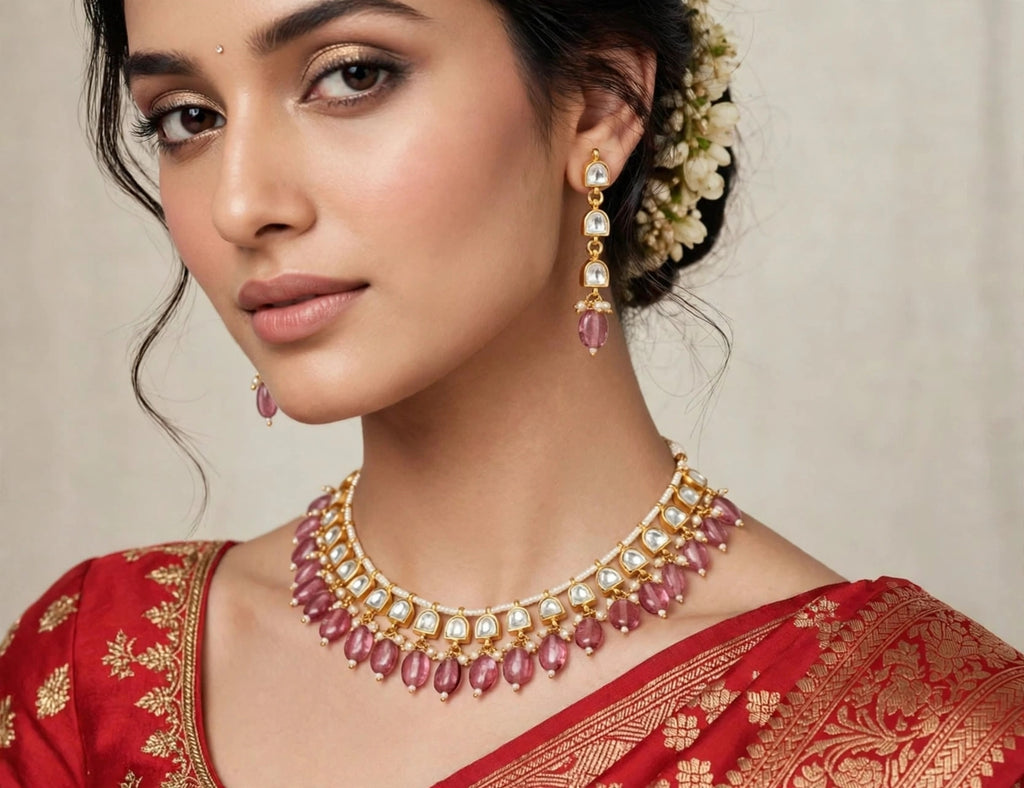 Pink Bead Drop Kundan-Style Choker Necklace Set with Earrings