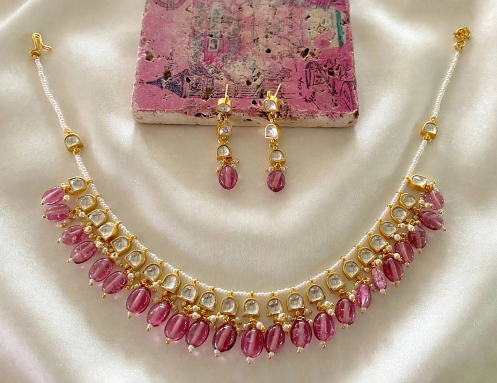 Pink Bead Drop Kundan-Style Choker Necklace Set with Earrings