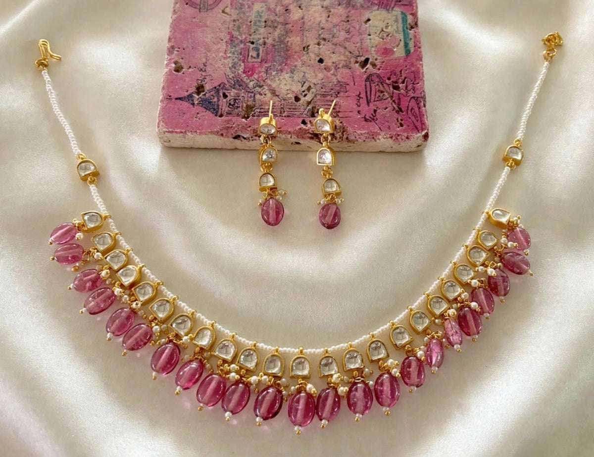 Pink Bead Drop Kundan-Style Choker Necklace Set with Earrings