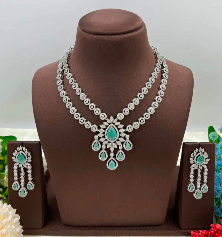Mint Green American Diamond Double-Layer Necklace Set with Teardrop Pendant & Earrings