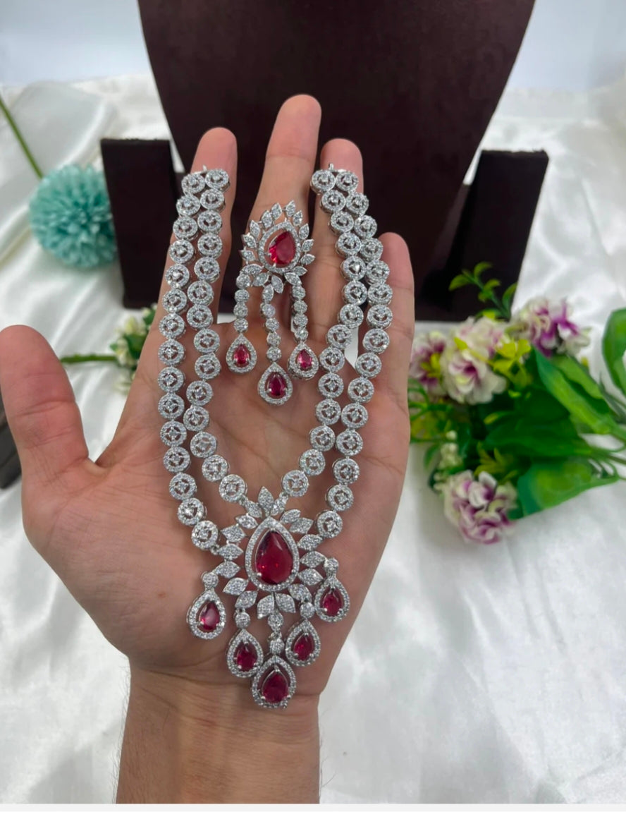 Ruby Pink American Diamond Double-Layer Necklace Set with Earrings & Maang Tikka