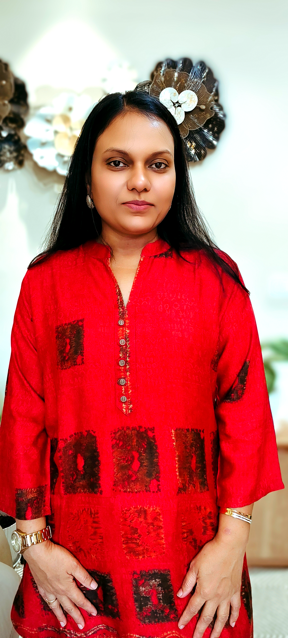 Red Gajji Silk Co-Ord Set with Abstract Print & Button Placket