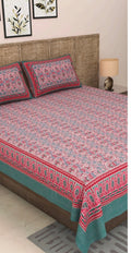 Rose Pink & Teal Green Traditional Block Print Cotton Double Bedsheet