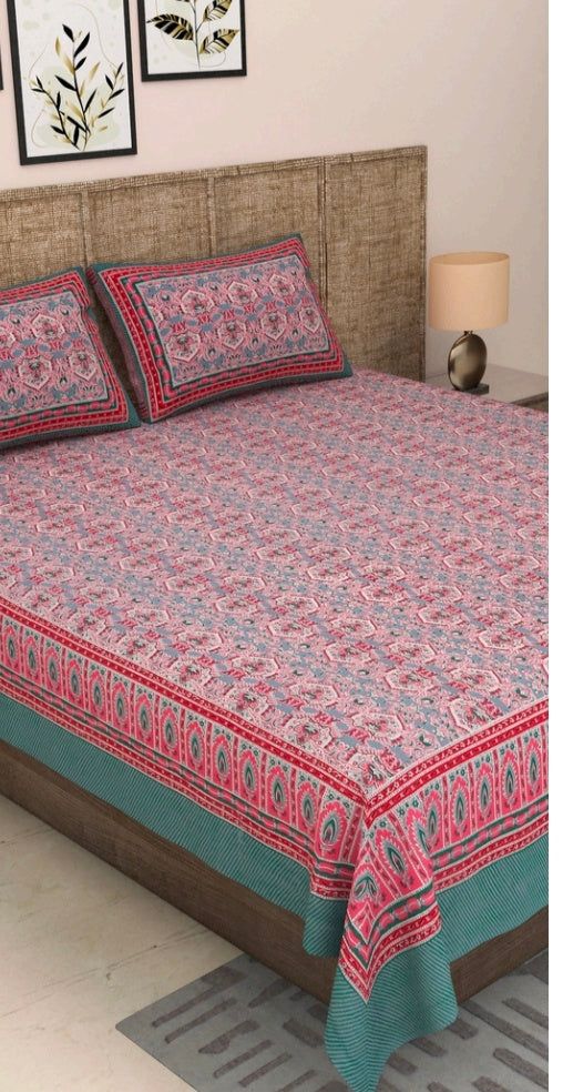 Rose Pink & Teal Green Traditional Block Print Cotton Double Bedsheet