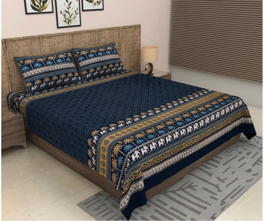 Navy Blue Elephant & Palm Tree Border Print Cotton Double Bedsheet