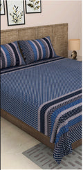Blue & Grey Geometric Stripe Print Cotton Double Bedsheet