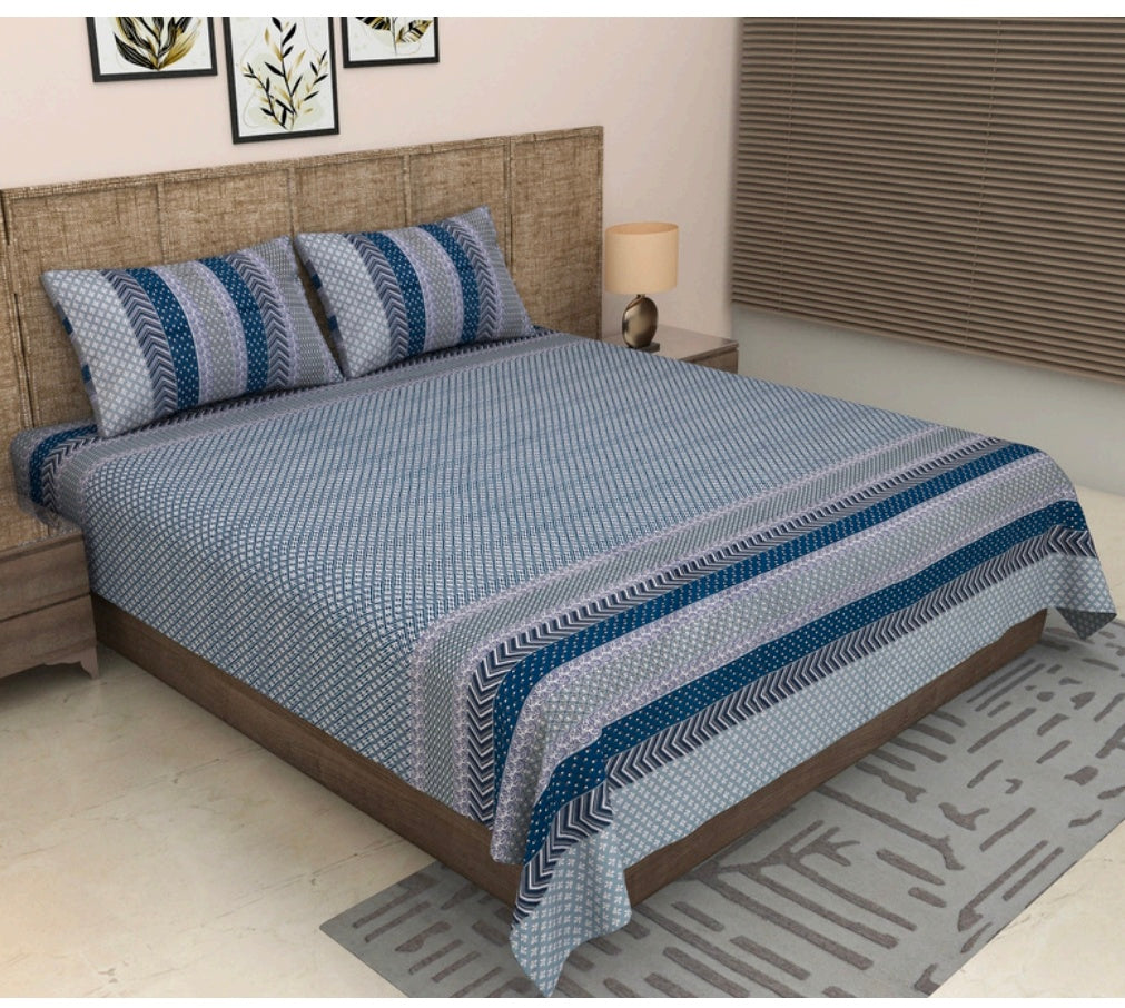 Grey & Teal Blue Chevron Stripe Print Cotton Double Bedsheet