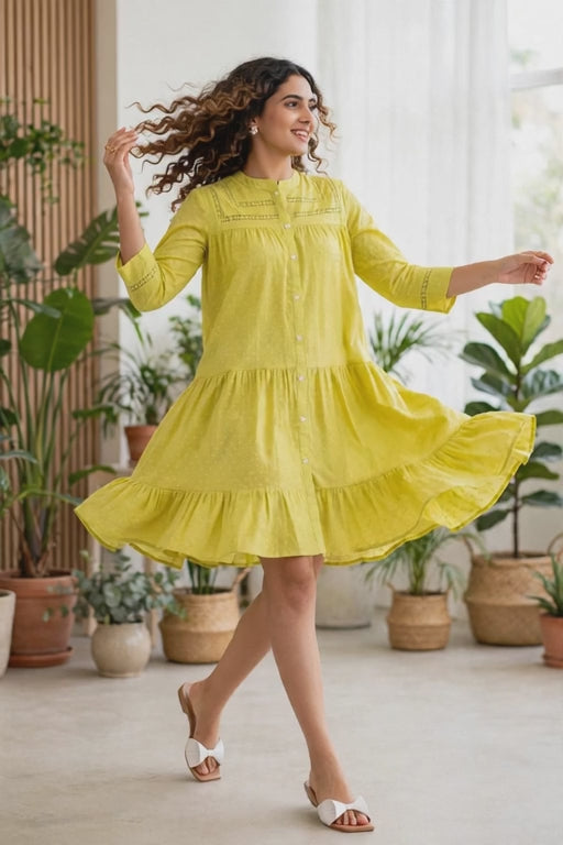 Lime Yellow Premium Cotton Tiered Dress – Lace Insert Yoke with Front Buttons