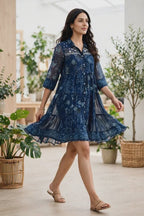 Navy Blue Floral Print Tiered Dress – Embroidered Yoke with Front Buttons